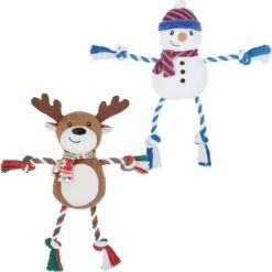 Frisco Holiday Snowman Plush With Rope Squeaky Dog Toy & Frisco Holiday Reindeer Plush With Rope Squeaky Dog Toy